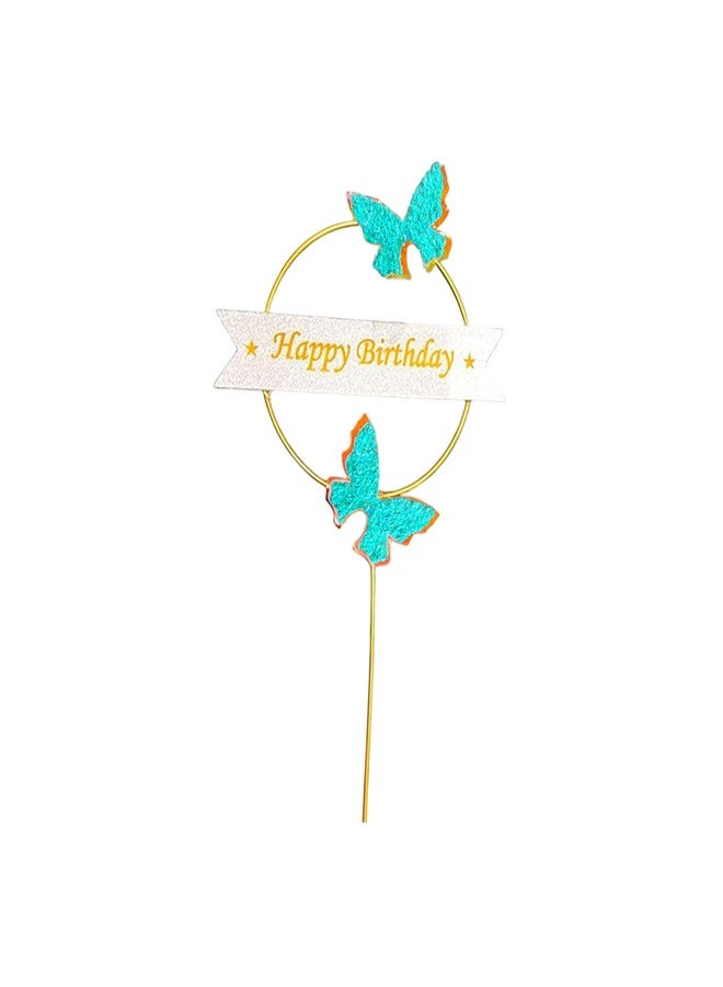 pop colours Happy Birthday Cake Topper | with Butterflies| 22 cm | Paper Circle Design, Gold Metal Ring With Blue Gliter Butterfly with Banner |(Blue) - Image 1